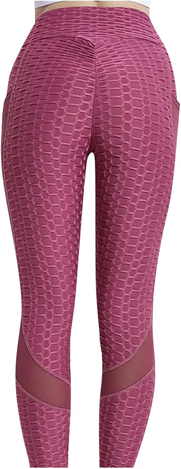 High Waist Leggings for Women Mesh Stitching Bubble Pant Ribbed Crop Yoga Pants Solid Color Trousers Fitness Joggers