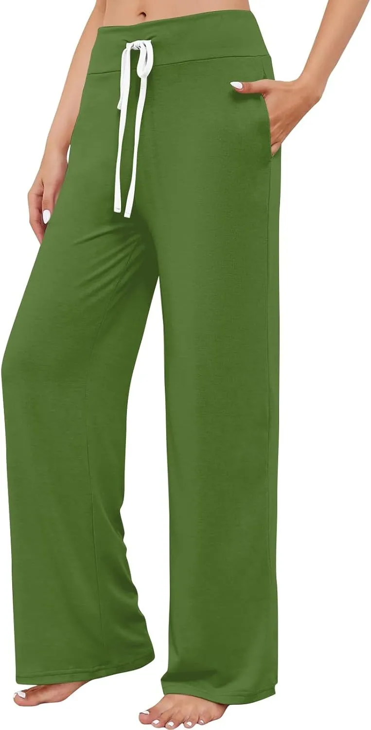 High Waist Wide Leg Sweatpants Women - Stretchy Athletic Adjustable Drawstring Loose Fit Lounge Pants with Pockets