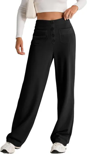 High Waist Work Pants for Women Business Work Casual Trousers Straight Leg Button Down Pants with Pockets Office Dress
