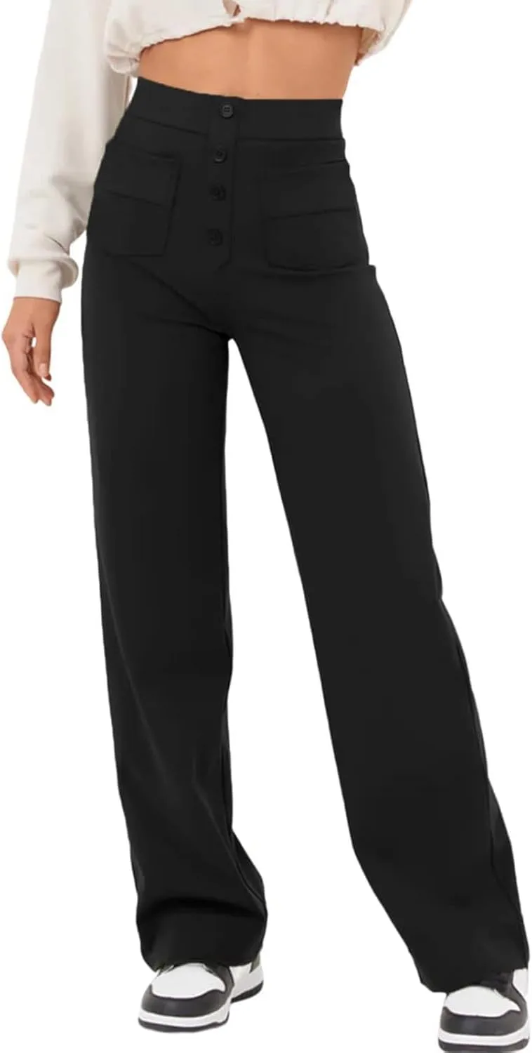 High Waist Work Pants for Women Business Work Casual Trousers Straight Leg Button Down Pants with Pockets Office Dress