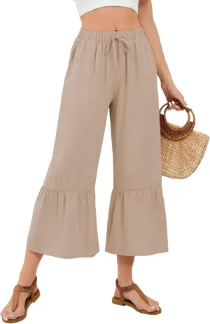 Himosyber Womens Cotton Wide Leg Cropped Pants Casual Drawstring Elastic Waisted Ruffle Hem Palazzo Pants with Pockets