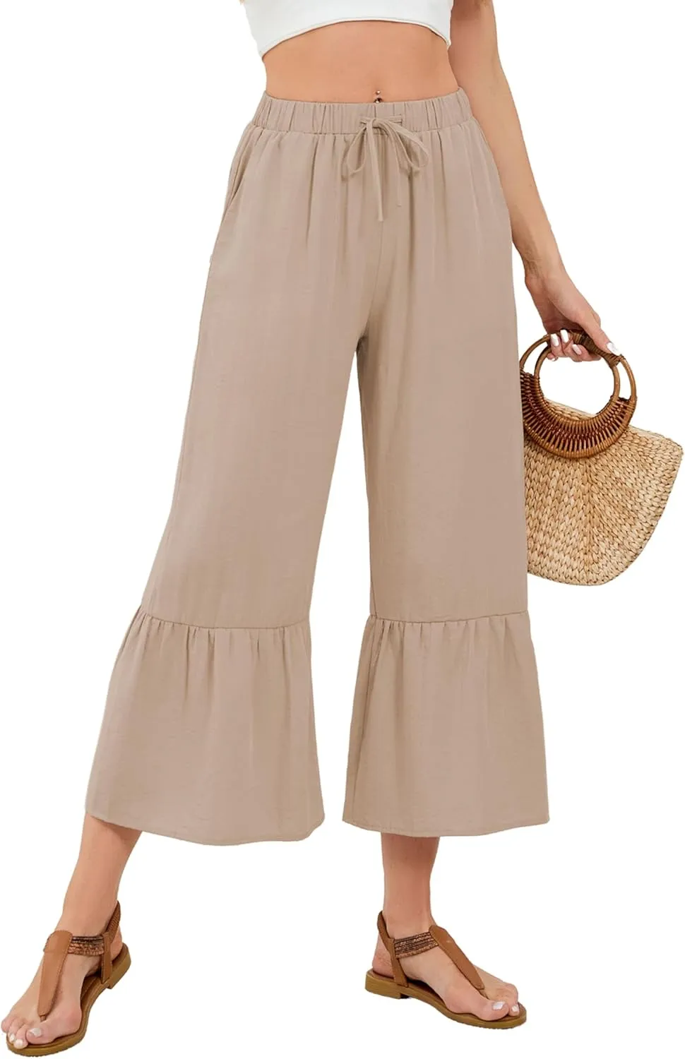 Himosyber Womens Cotton Wide Leg Cropped Pants Casual Drawstring Elastic Waisted Ruffle Hem Palazzo Pants with Pockets