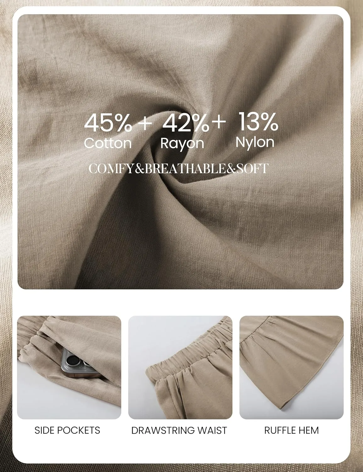 Himosyber Womens Cotton Wide Leg Cropped Pants Casual Drawstring Elastic Waisted Ruffle Hem Palazzo Pants with Pockets