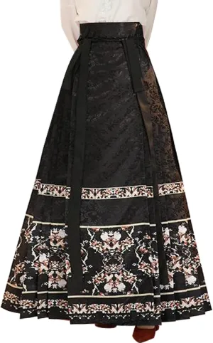 Horse Face Skirt Chinese Skirts for Women Traditional Vintage A-line Printed Pleats Skirt