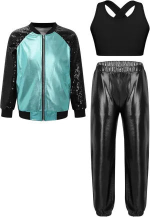 Hularka Kids Girls Hip Hop Street Dance Outfits Sequins Long Sleeve Bomber Jacket and Shiny Metallic Harem Pants Set