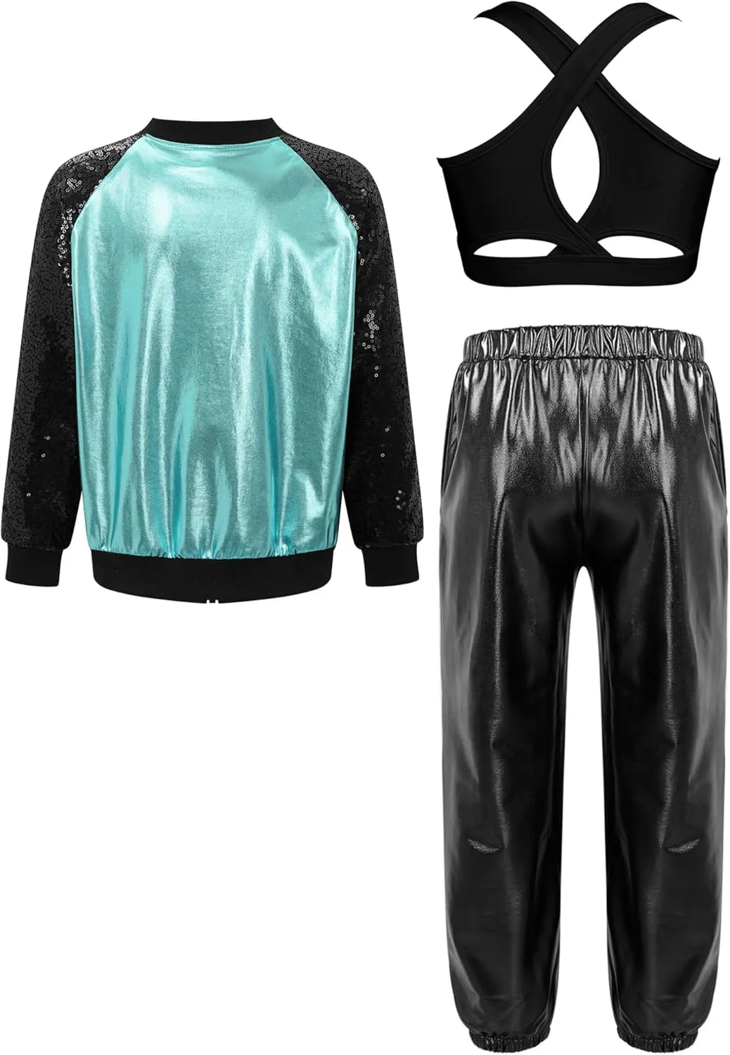 Hularka Kids Girls Hip Hop Street Dance Outfits Sequins Long Sleeve Bomber Jacket and Shiny Metallic Harem Pants Set