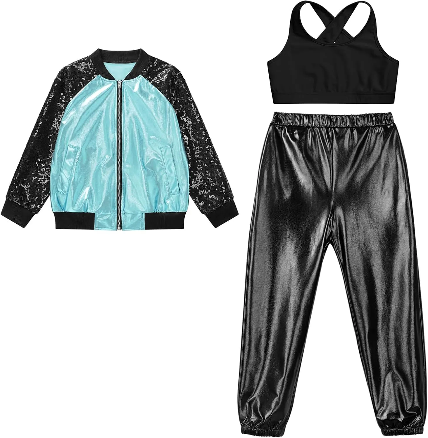 Hularka Kids Girls Hip Hop Street Dance Outfits Sequins Long Sleeve Bomber Jacket and Shiny Metallic Harem Pants Set