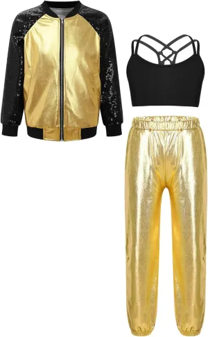 Hularka Kids Girls Jazz Hip-hop Street Dance Outfits Long Sleeve Jacket Bomber Coat Sports Bra Vest with Harem Pants Set