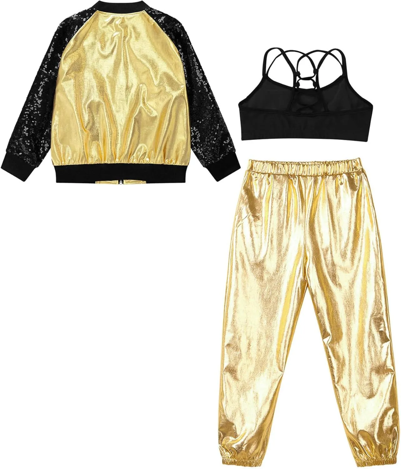 Hularka Kids Girls Jazz Hip-hop Street Dance Outfits Long Sleeve Jacket Bomber Coat Sports Bra Vest with Harem Pants Set