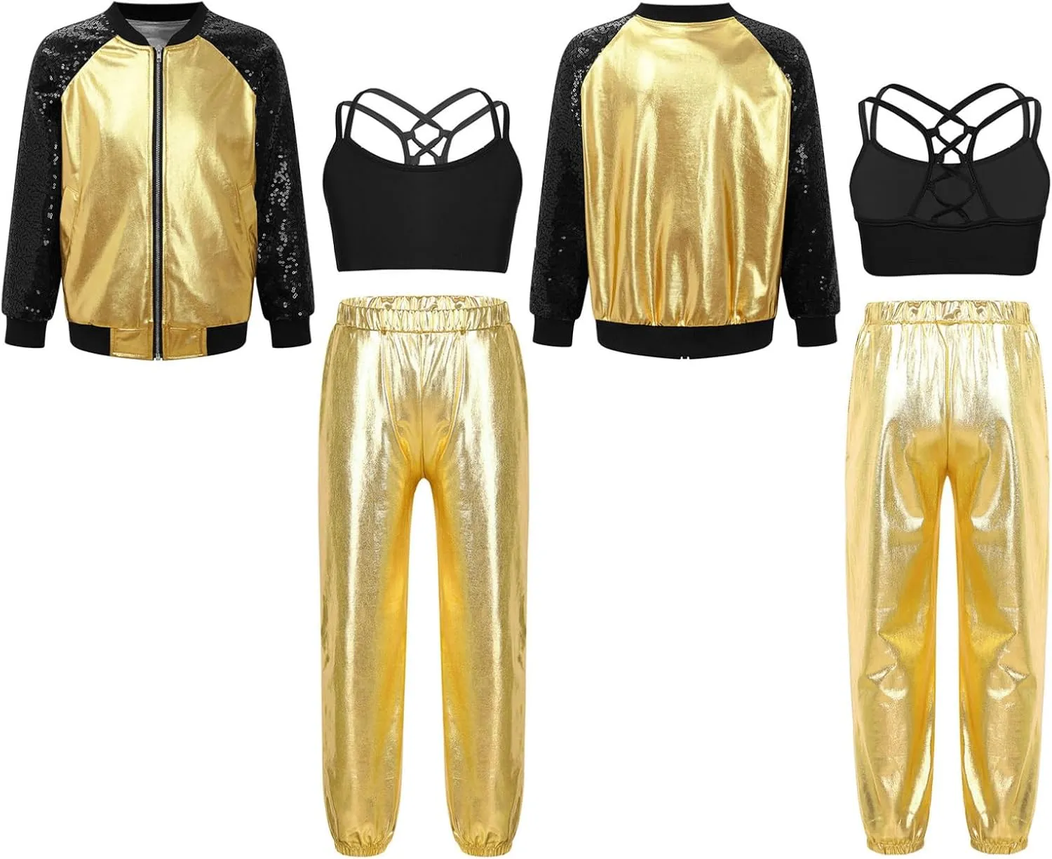 Hularka Kids Girls Jazz Hip-hop Street Dance Outfits Long Sleeve Jacket Bomber Coat Sports Bra Vest with Harem Pants Set