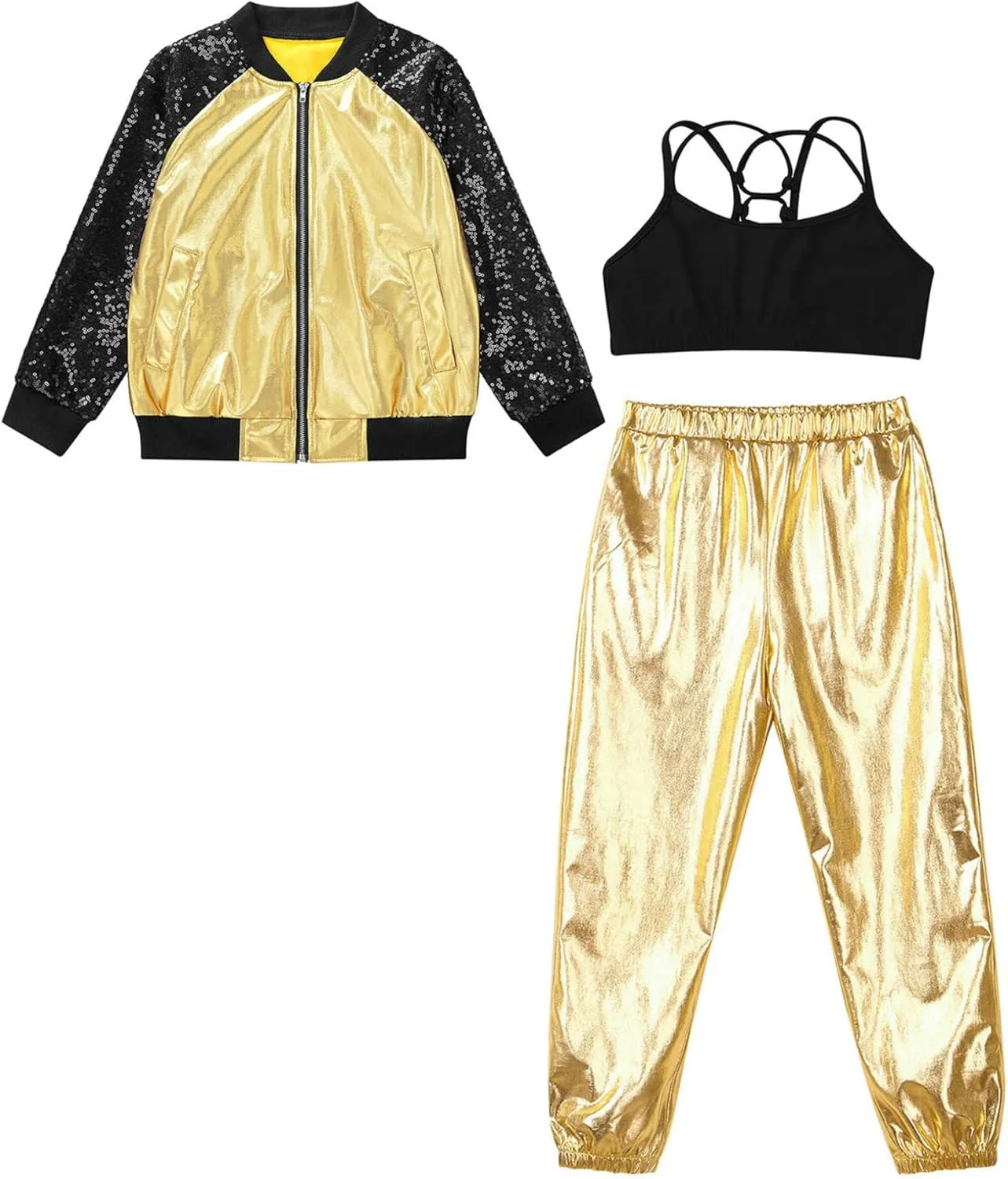 Hularka Kids Girls Jazz Hip-hop Street Dance Outfits Long Sleeve Jacket Bomber Coat Sports Bra Vest with Harem Pants Set