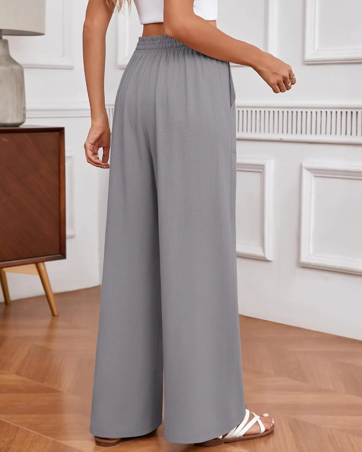 Huukeay Women's Linen Wide Leg Pants, High Waist Flowy Palazzo Pants with Pockets Drawstring Summer Casual Work Trousers