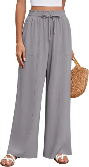 Huukeay Women's Linen Wide Leg Pants, High Waist Flowy Palazzo Pants with Pockets Drawstring Summer Casual Work Trousers