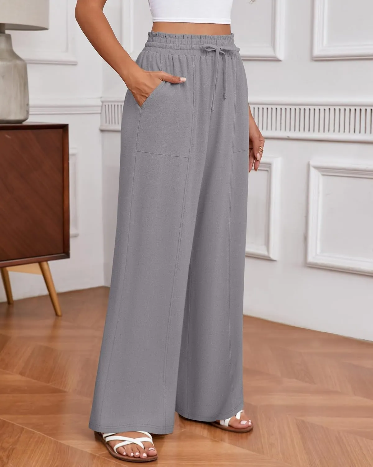 Huukeay Women's Linen Wide Leg Pants, High Waist Flowy Palazzo Pants with Pockets Drawstring Summer Casual Work Trousers