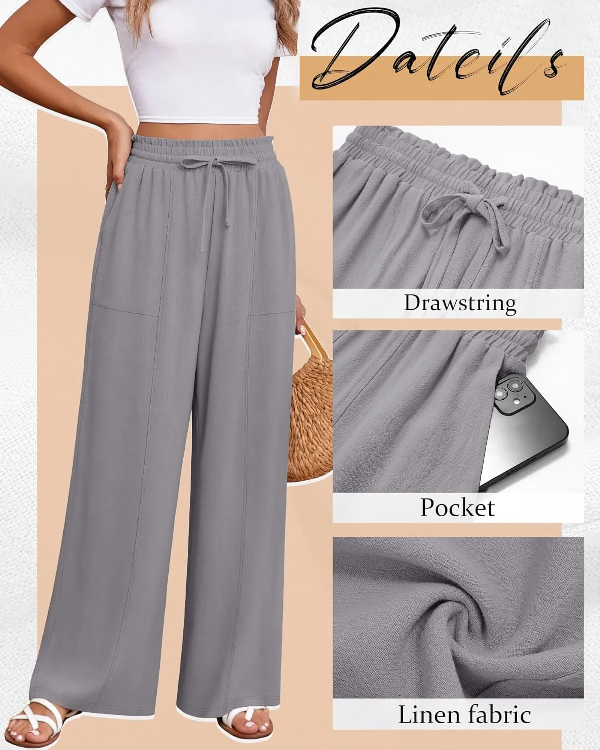 Huukeay Women's Linen Wide Leg Pants, High Waist Flowy Palazzo Pants with Pockets Drawstring Summer Casual Work Trousers