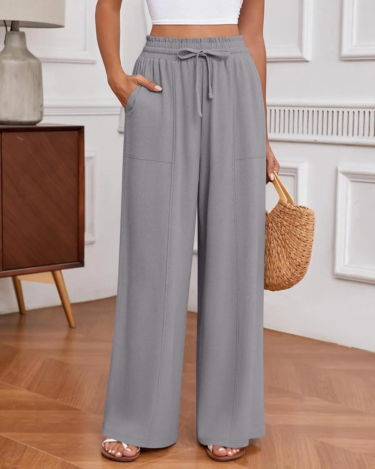 Huukeay Women's Linen Wide Leg Pants, High Waist Flowy Palazzo Pants with Pockets Drawstring Summer Casual Work Trousers