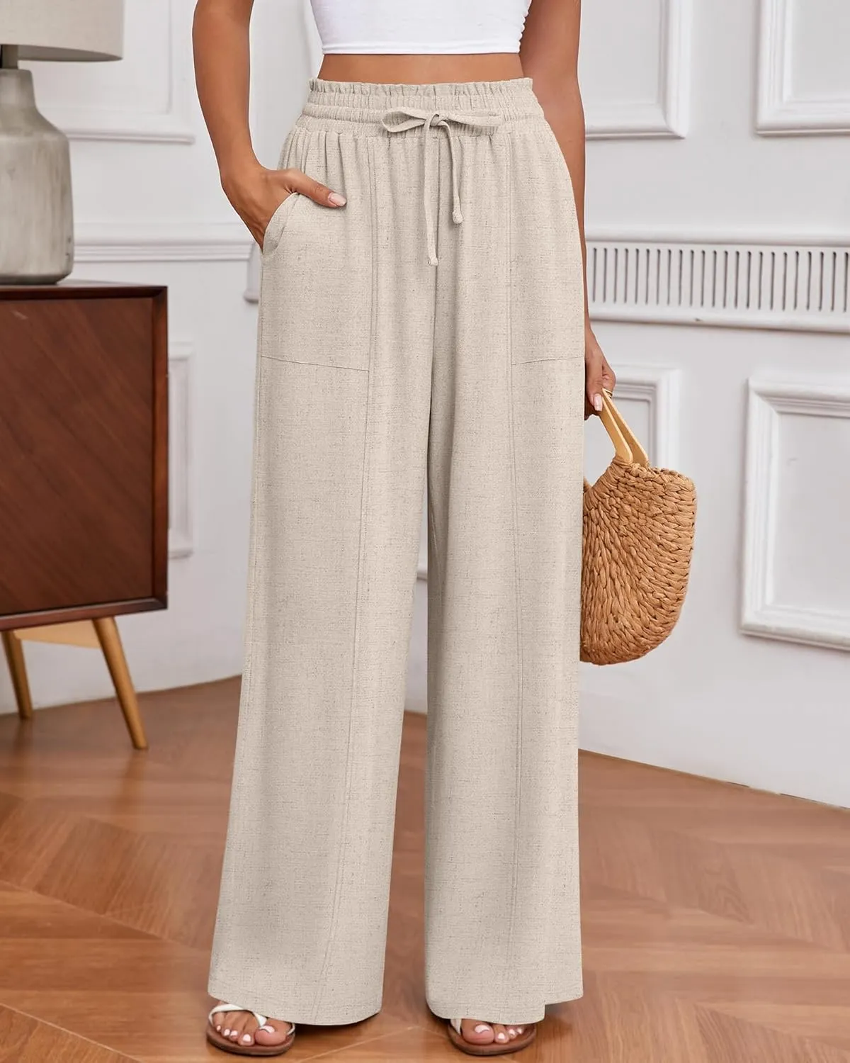 Huukeay Women's Linen Wide Leg Pants, High Waist Flowy Palazzo Pants with Pockets Drawstring Summer Casual Work Trousers