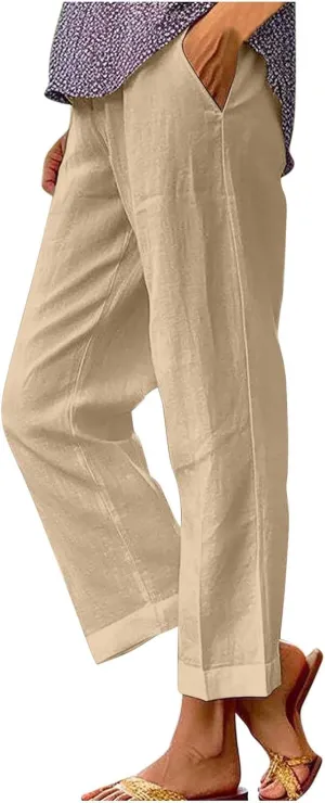 Hvyesh Women Cotton Linen Pants 2024 Summer Wide Leg Casual Loose High Waist Straight Lounge Pants Trousers with Pockets