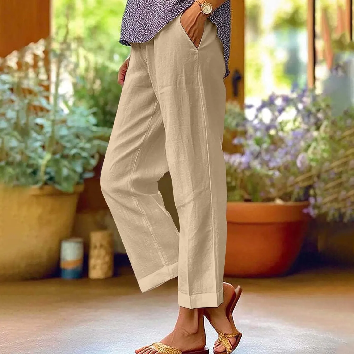 Hvyesh Women Cotton Linen Pants 2024 Summer Wide Leg Casual Loose High Waist Straight Lounge Pants Trousers with Pockets