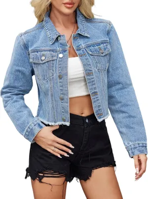 Jean Jacket Women Frayed Raw Hem Button Up Long Sleeve Cropped Women Denim Jacket With Pockets