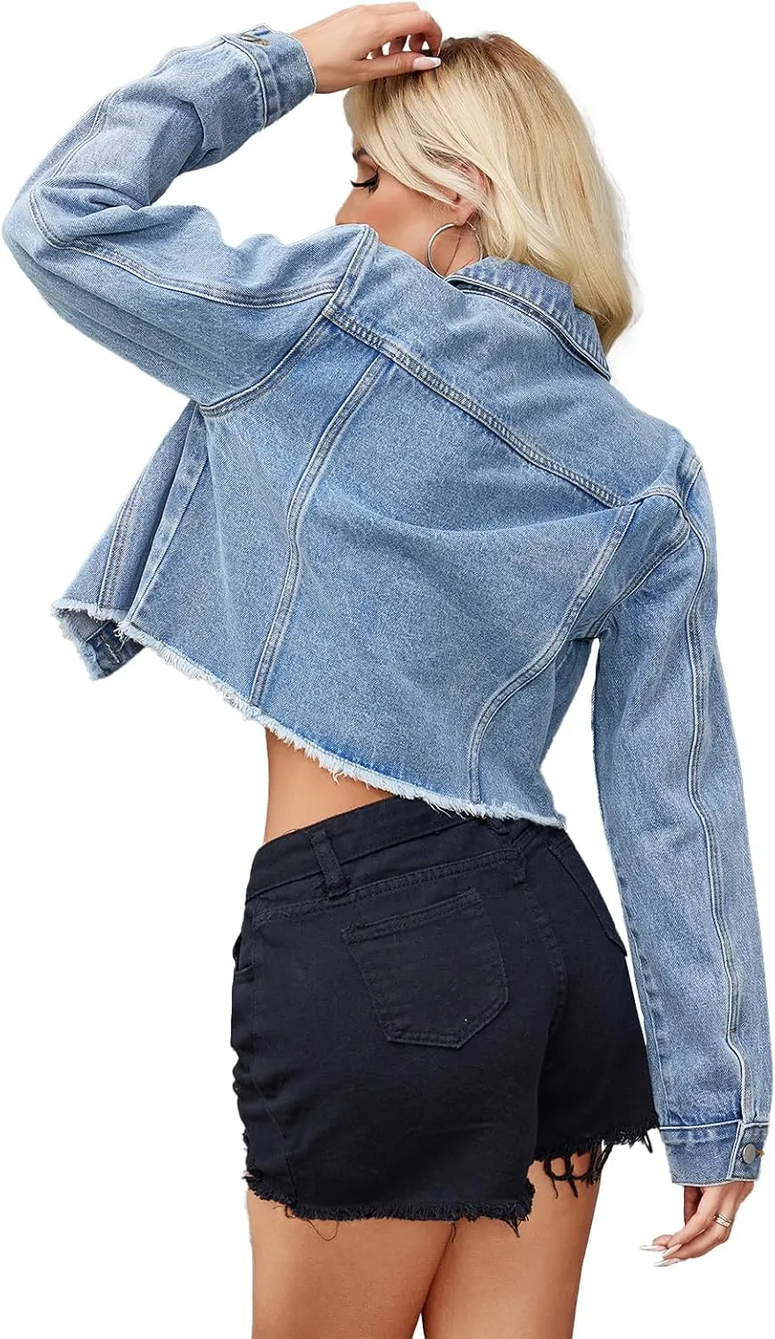 Jean Jacket Women Frayed Raw Hem Button Up Long Sleeve Cropped Women Denim Jacket With Pockets
