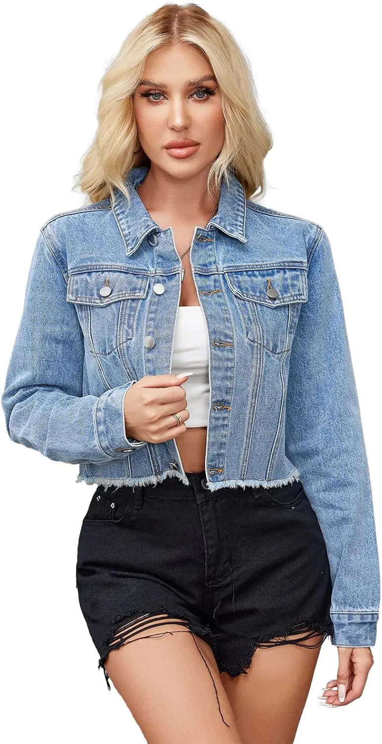 Jean Jacket Women Frayed Raw Hem Button Up Long Sleeve Cropped Women Denim Jacket With Pockets