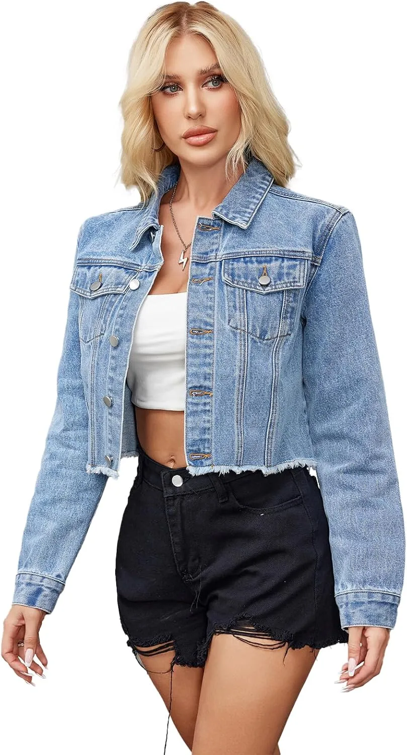 Jean Jacket Women Frayed Raw Hem Button Up Long Sleeve Cropped Women Denim Jacket With Pockets