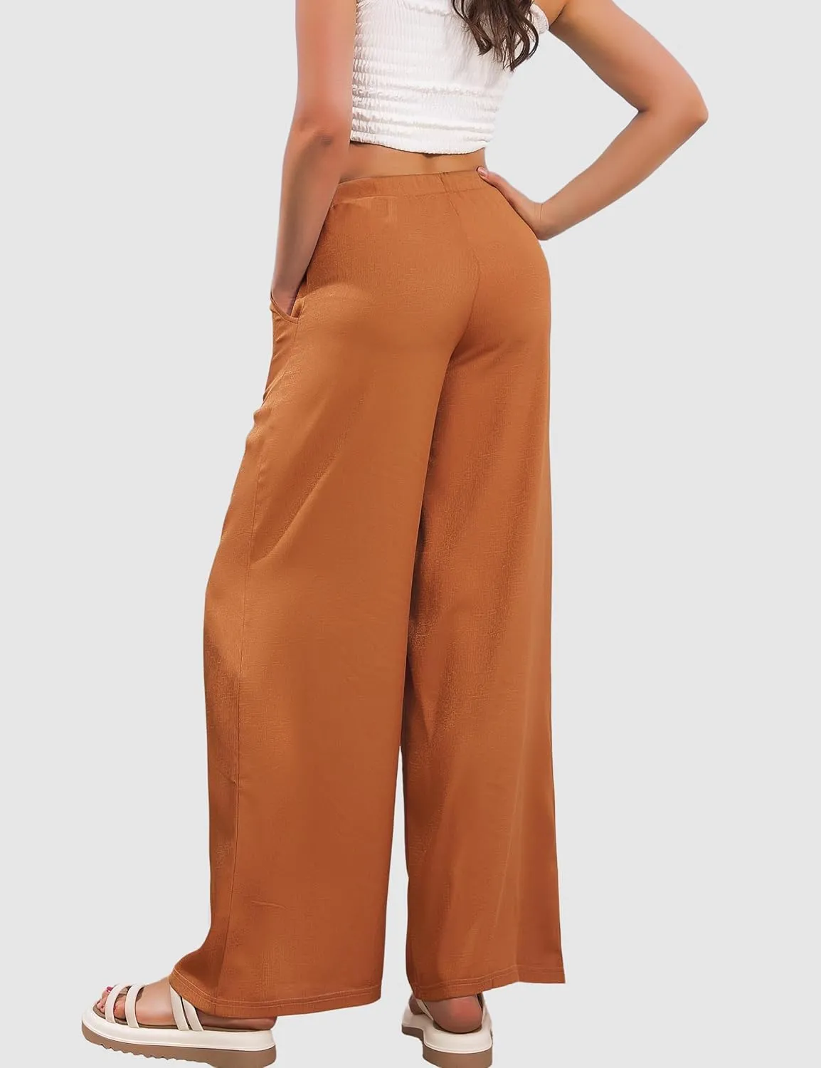 JK SUE JONES Linen Pants Women Summer Wide Leg Flowy Beach Satin Palazzo Pants Loose Casual Lounge Trousers