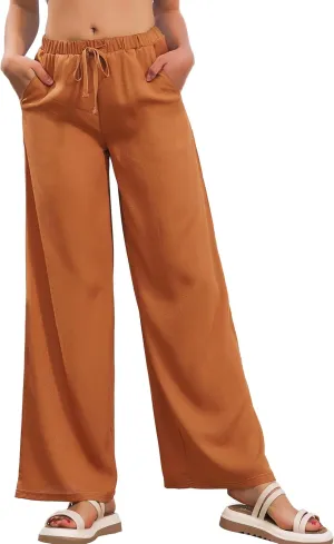 JK SUE JONES Linen Pants Women Summer Wide Leg Flowy Beach Satin Palazzo Pants Loose Casual Lounge Trousers