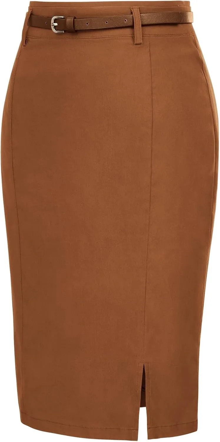Kate Kasin Women's Bodycon Pencil Skirt with Belt Solid Color Hip-Wrapped