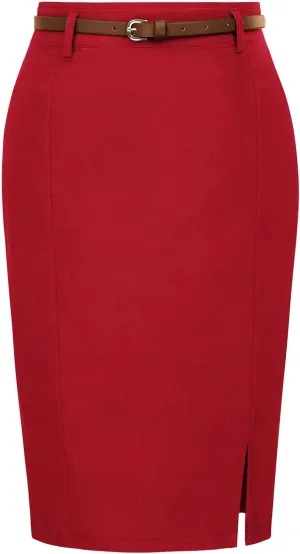 Kate Kasin Women's Bodycon Pencil Skirt with Belt Solid Color Hip-Wrapped