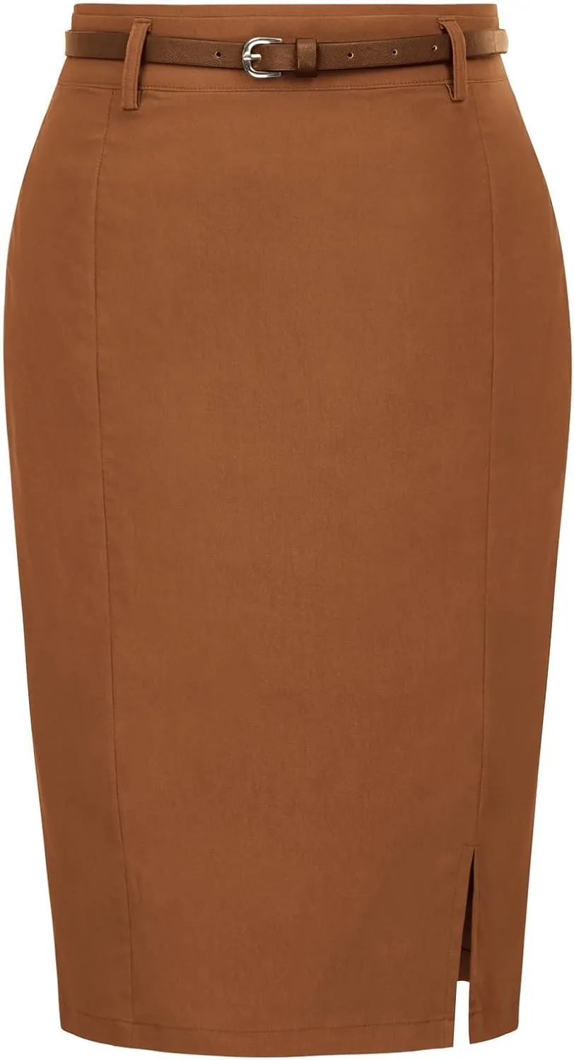 Kate Kasin Women's Bodycon Pencil Skirt with Belt Solid Color Hip-Wrapped