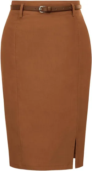 Kate Kasin Women's Bodycon Pencil Skirt with Belt Solid Color Hip-Wrapped