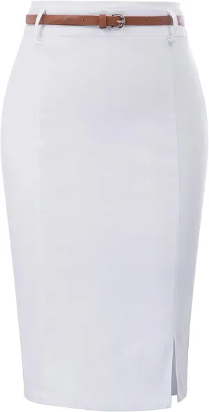 Kate Kasin Women's Bodycon Pencil Skirt with Belt Solid Color Hip-Wrapped