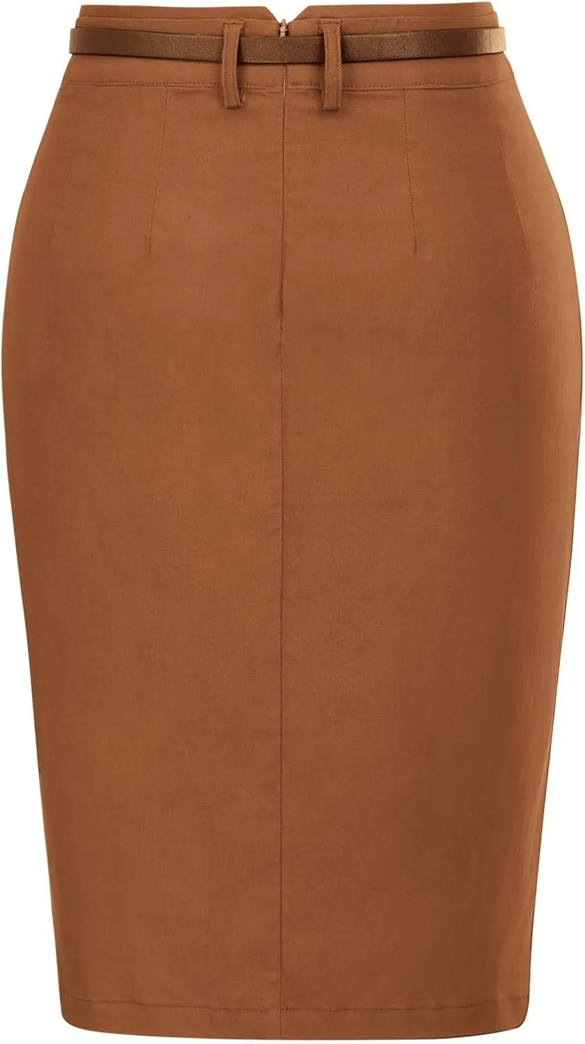Kate Kasin Women's Bodycon Pencil Skirt with Belt Solid Color Hip-Wrapped