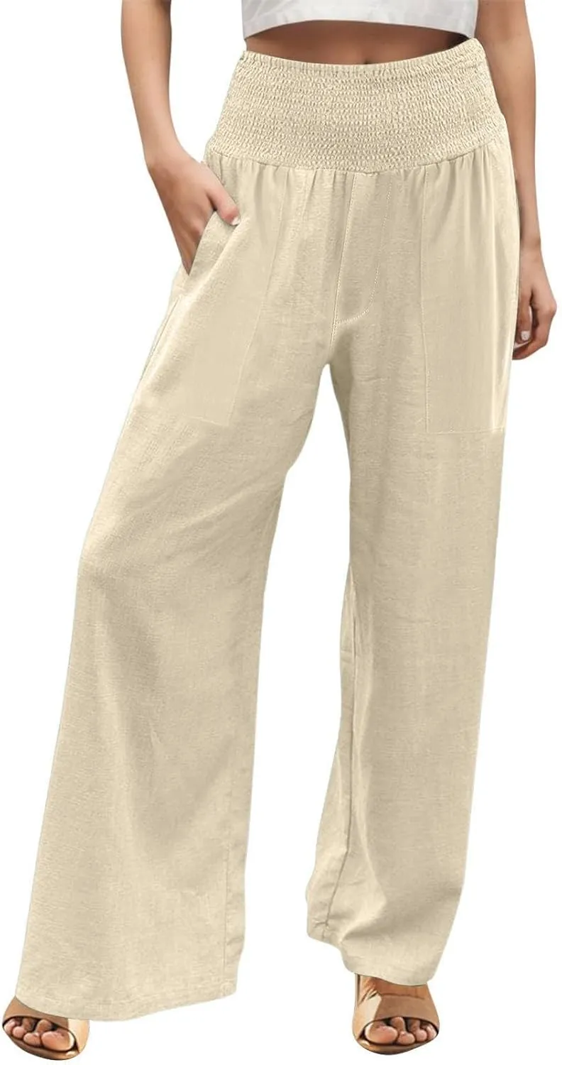 Khaki Linen Pants Women Wide Leg Flowy Breathable Friends' Gathering Beach Pants Spring Themed Party Casual Trousers