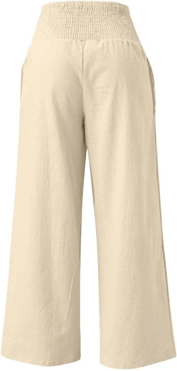 Khaki Linen Pants Women Wide Leg Flowy Breathable Friends' Gathering Beach Pants Spring Themed Party Casual Trousers