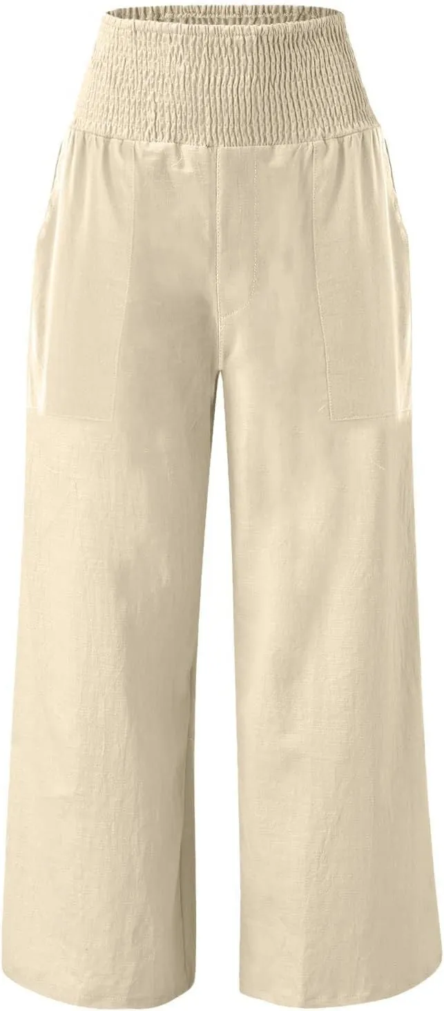 Khaki Linen Pants Women Wide Leg Flowy Breathable Friends' Gathering Beach Pants Spring Themed Party Casual Trousers