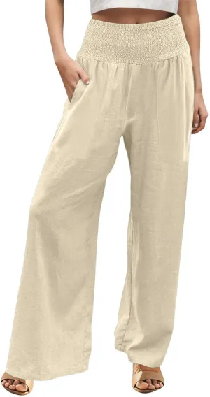 Khaki Linen Pants Women Wide Leg Flowy Breathable Friends' Gathering Beach Pants Spring Themed Party Casual Trousers