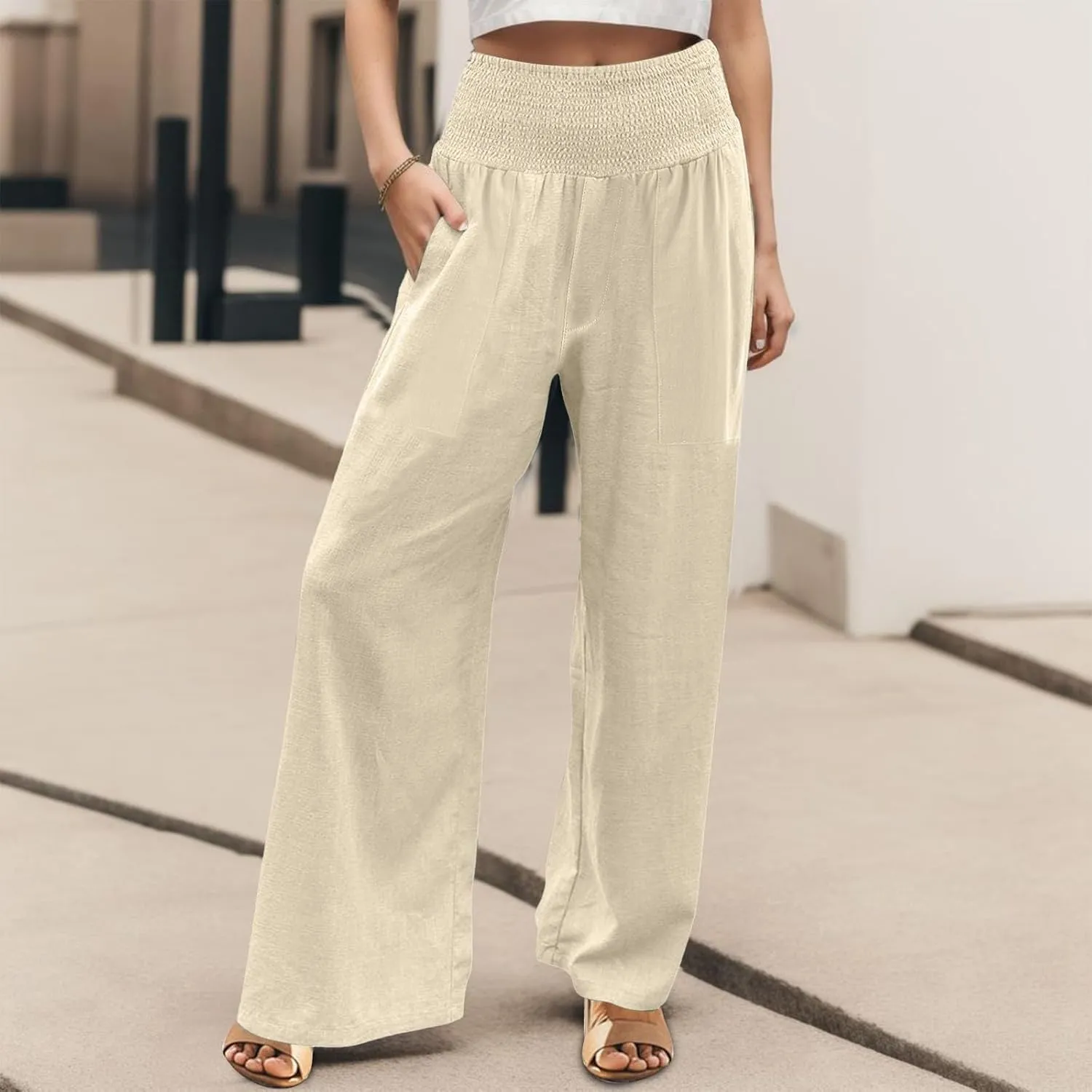 Khaki Linen Pants Women Wide Leg Flowy Breathable Friends' Gathering Beach Pants Spring Themed Party Casual Trousers