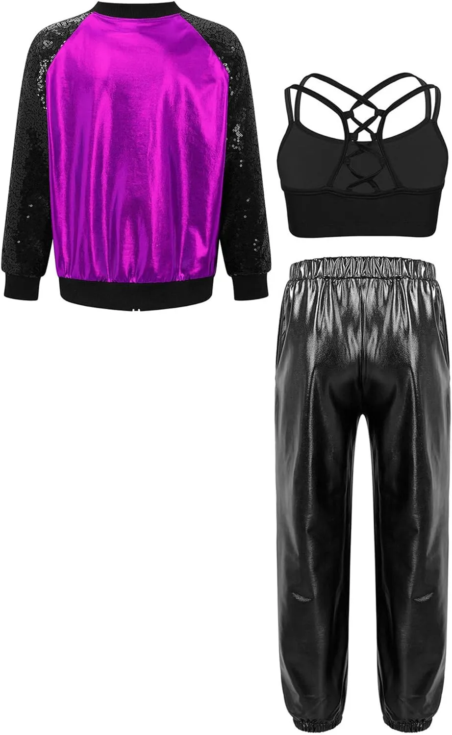 Kids Girls Metallic Dance Outfit Hip Hop Jazz Costume Dance Crop Top Sparkle Jacket with Pants Streetwear