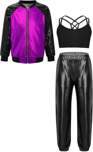 Kids Girls Metallic Dance Outfit Hip Hop Jazz Costume Dance Crop Top Sparkle Jacket with Pants Streetwear