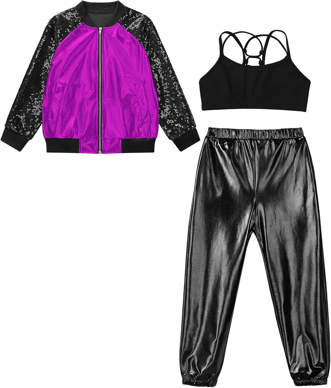 Kids Girls Metallic Dance Outfit Hip Hop Jazz Costume Dance Crop Top Sparkle Jacket with Pants Streetwear