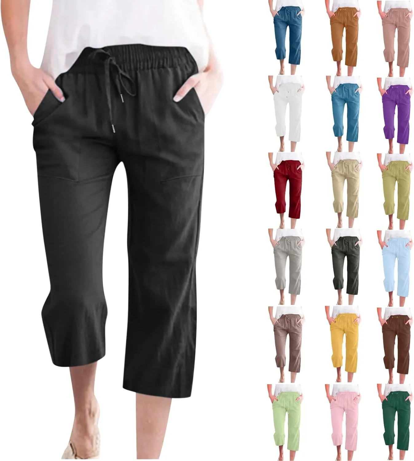 Linen Capris Pants for Women Casual Summer Cotton Linen Pants Drawstring Straight Leg Beach Cropped Pants 2025