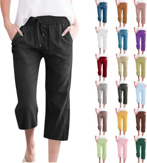 Linen Capris Pants for Women Casual Summer Cotton Linen Pants Drawstring Straight Leg Beach Cropped Pants 2025