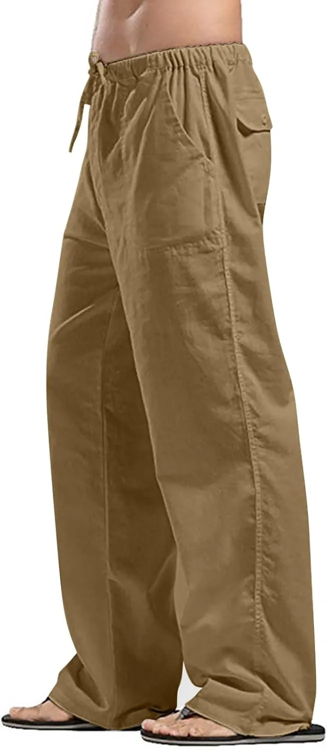 Linen Cargo Pants for Mens Solid Drawstring Workout Athletic Trousers with Pockets Hipster Cotton Casual Overalls Big & Tall