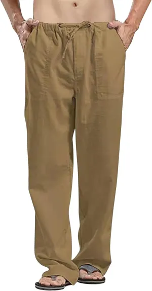 Linen Cargo Pants for Mens Solid Drawstring Workout Athletic Trousers with Pockets Hipster Cotton Casual Overalls Big & Tall