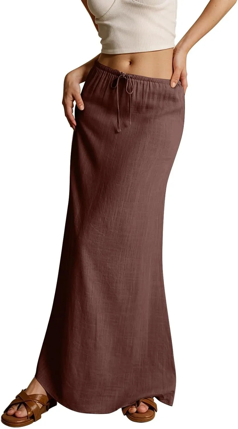 Linen Maxi Skirt for Women 2025 Summer Boho Flowy Long Skirts Drawstring Waist Y2k A Line Skirt Beach Cover Up Skirts