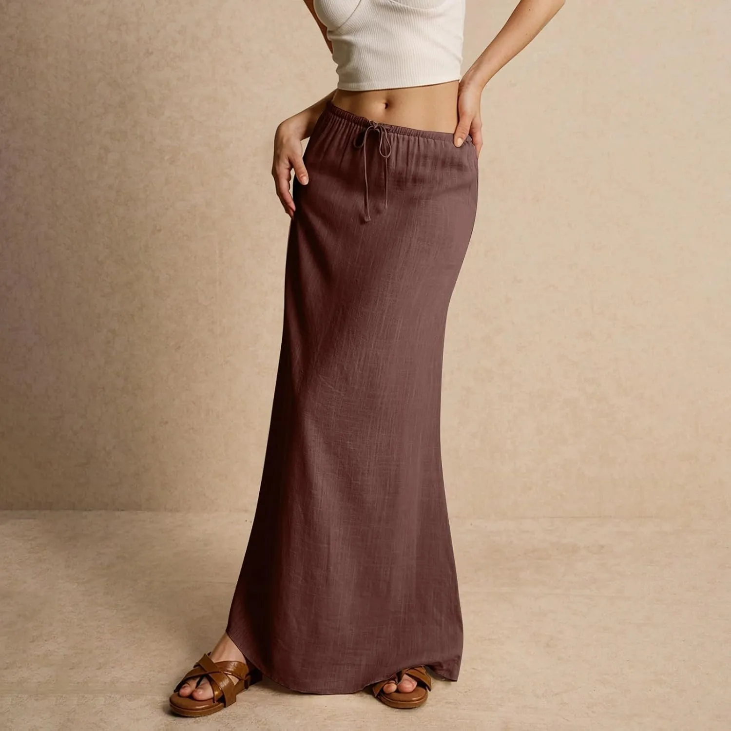 Linen Maxi Skirt for Women 2025 Summer Boho Flowy Long Skirts Drawstring Waist Y2k A Line Skirt Beach Cover Up Skirts