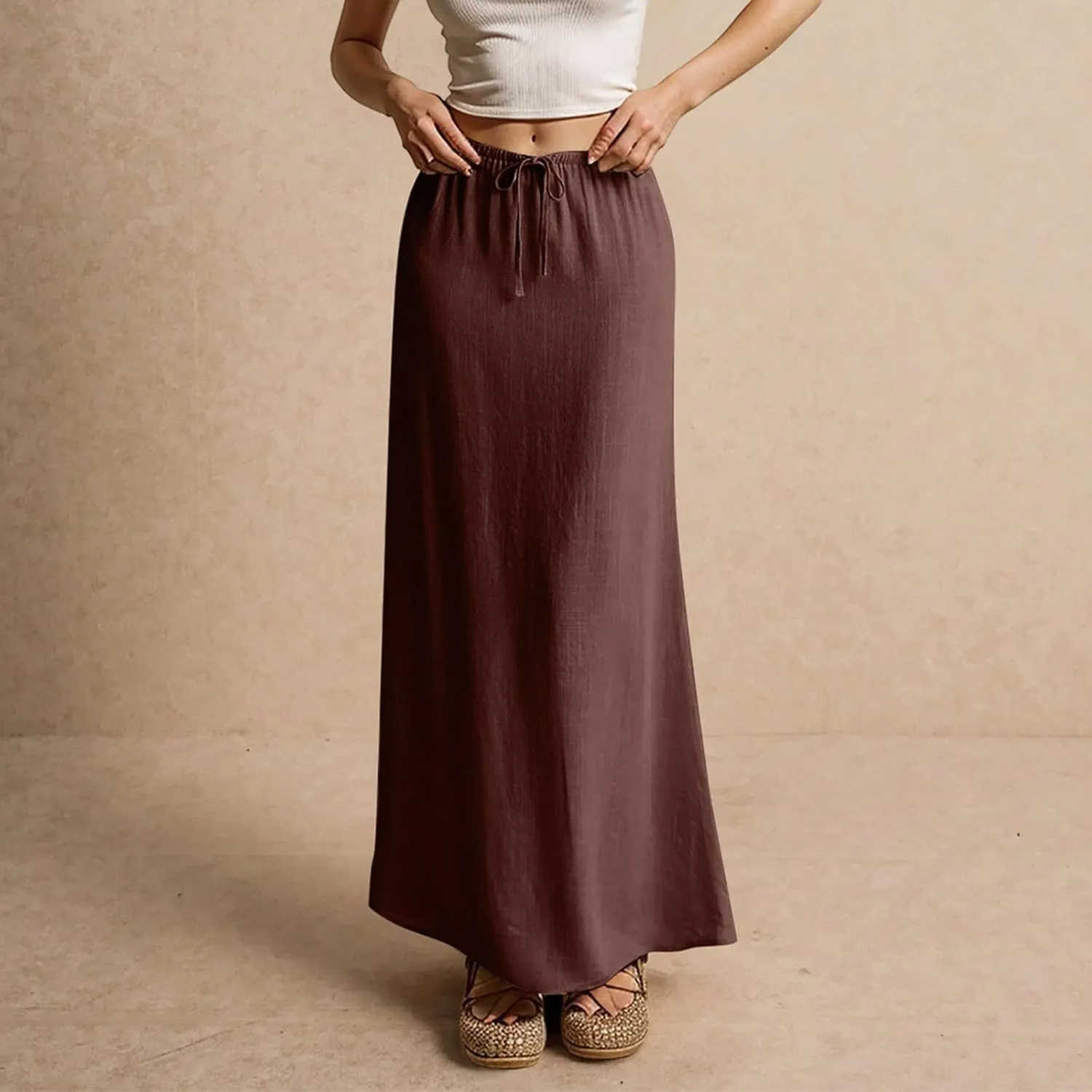 Linen Maxi Skirt for Women 2025 Summer Boho Flowy Long Skirts Drawstring Waist Y2k A Line Skirt Beach Cover Up Skirts